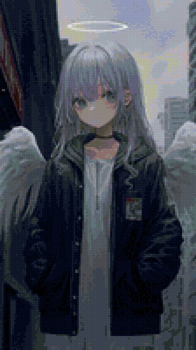 Девушка - нимб, в серых тонах, ангел, девушка - предпросмотр