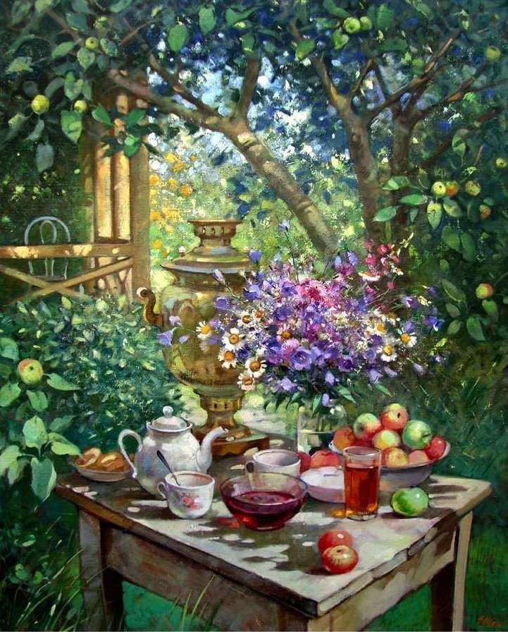 чай - лето, варенье, самовар, чашка, сад - оригинал