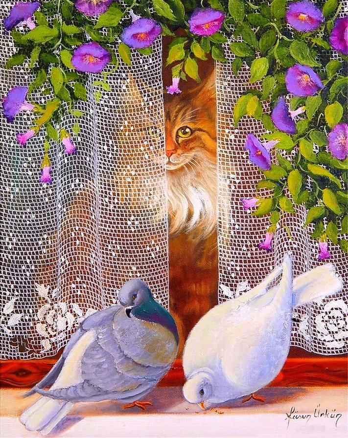 №2670841 - голуби, кот, занавеска, взгляд, кошка - оригинал