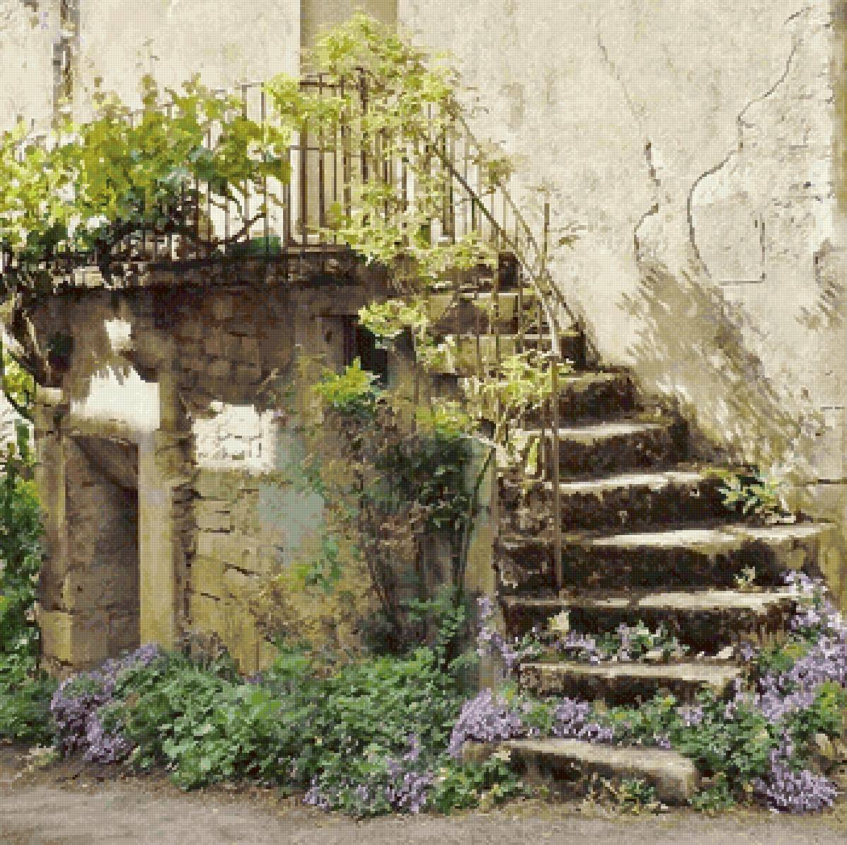 Старый дом - цветы, лестница, солнце - предпросмотр