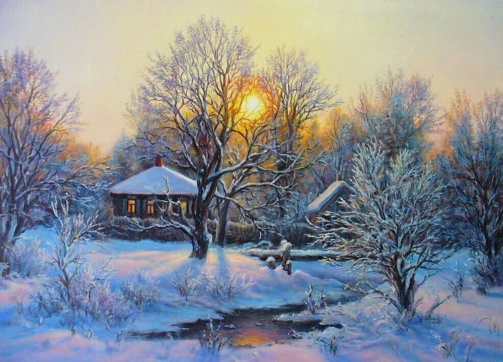 Зимний вечер - деревня, закат, зима - оригинал