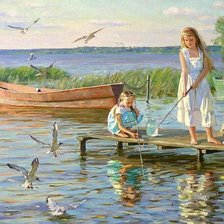 Схема вышивки «Девочки ловят рыбу»