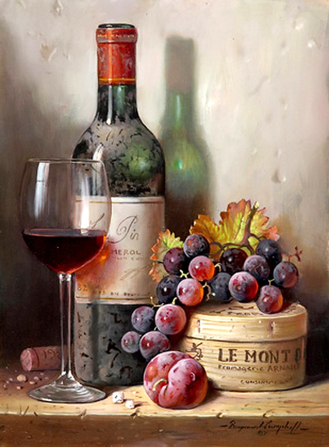 Натюрморт с бутылкой - вино, виноград - оригинал