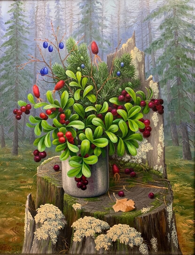 Лесной натюрморт - лес, пень, ягоды - оригинал