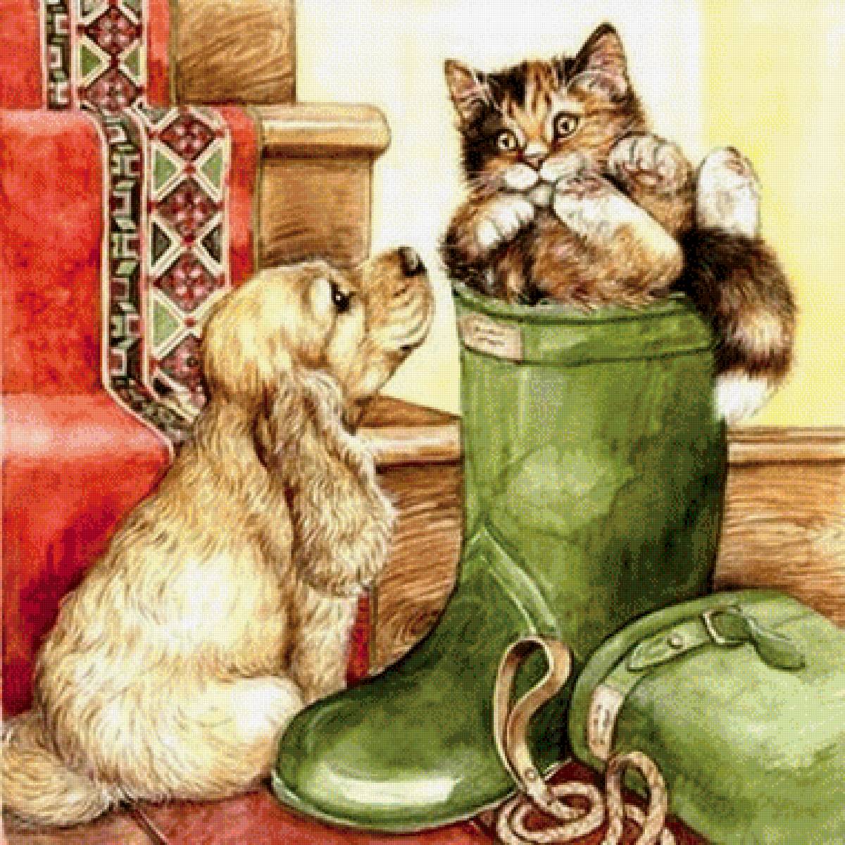 Дружная команда - кот, , дружок, маркиз, и щенок - предпросмотр