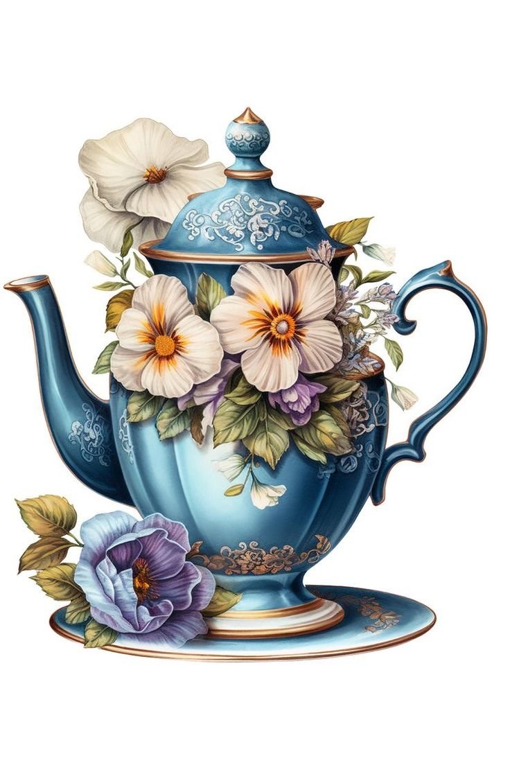 Чайник синий - чайник, акварель, рисунок, цветы - оригинал