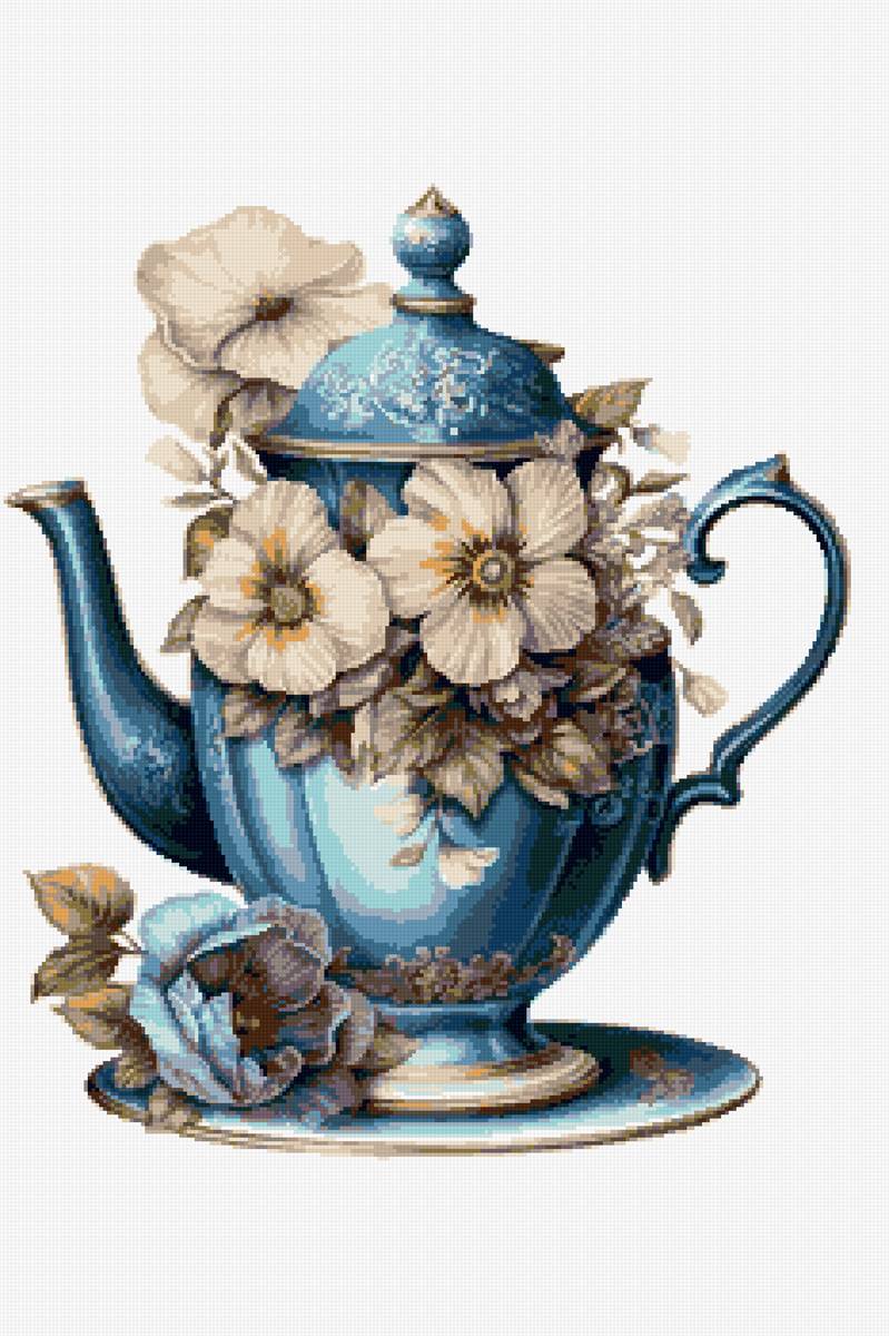 Чайник синий - акварель, цветы, чайник, рисунок - предпросмотр