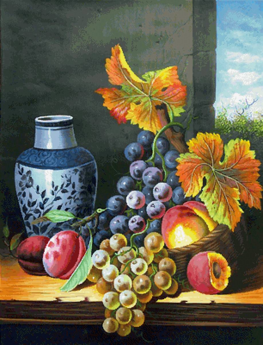 Натюрморт с виноградом и персиками - предпросмотр