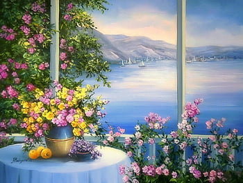 Пейзаж у моря - море, цветы - оригинал