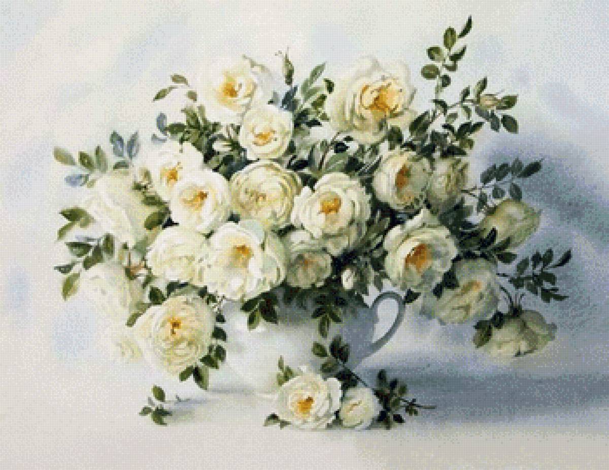 Букет белых роз - живопись, розы, цветы, букет - предпросмотр