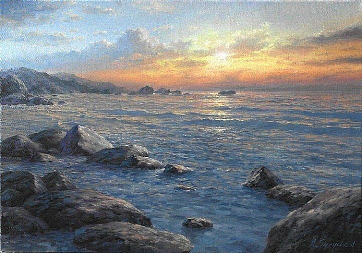 Вечернее море - закат, камни, море - оригинал
