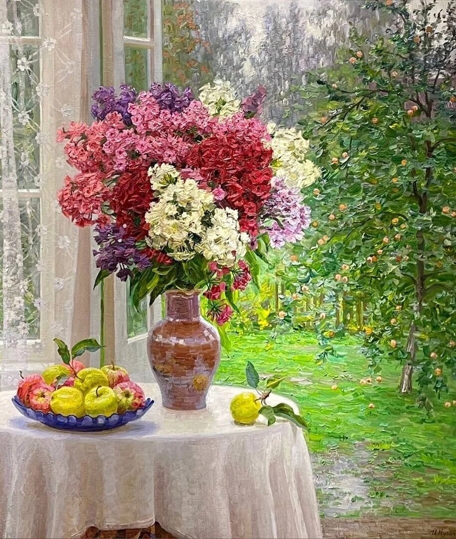 Август - флоксы, сад, букет, яблоки - оригинал