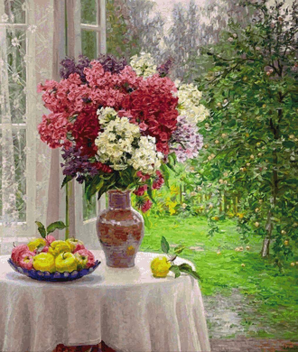 Август - сад, яблоки, флоксы, букет - предпросмотр