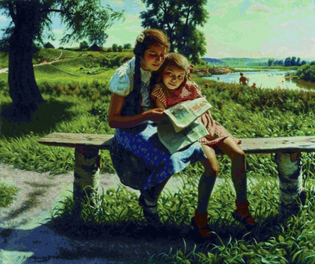 ЛЕТОМ. ЛАКТИОНОВ - скамейка, лето, газета, девочки - предпросмотр