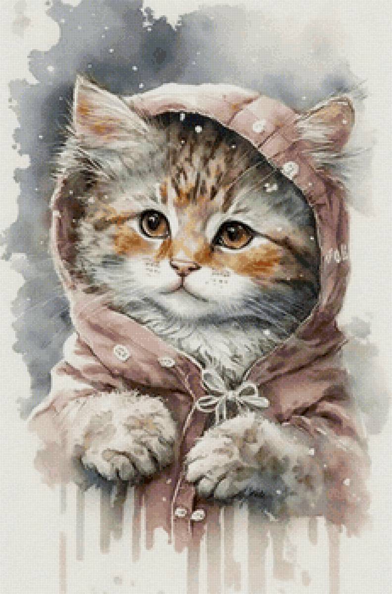 Зима на носу - домашние животные, котенок, живопись - предпросмотр