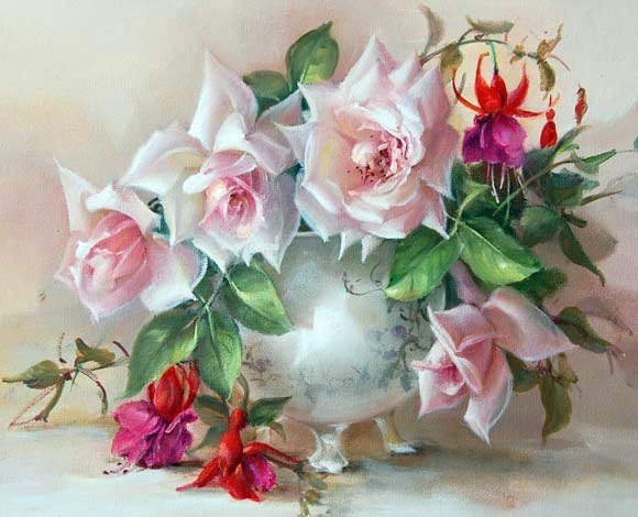Розы и фуксия  Худ.Jill Kirstein - цветы, розы, живопись, букет - оригинал
