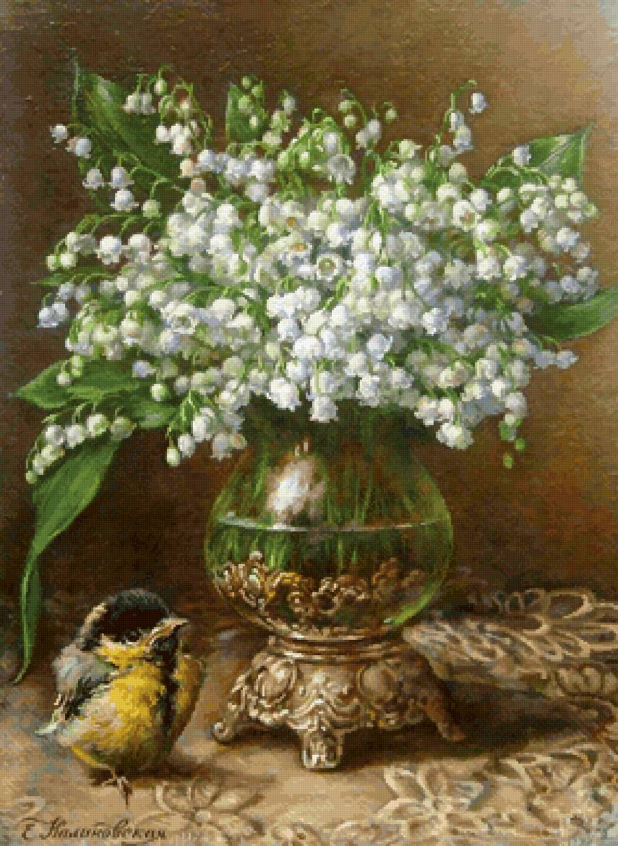 Ландыши - букет, птица, ваза - предпросмотр