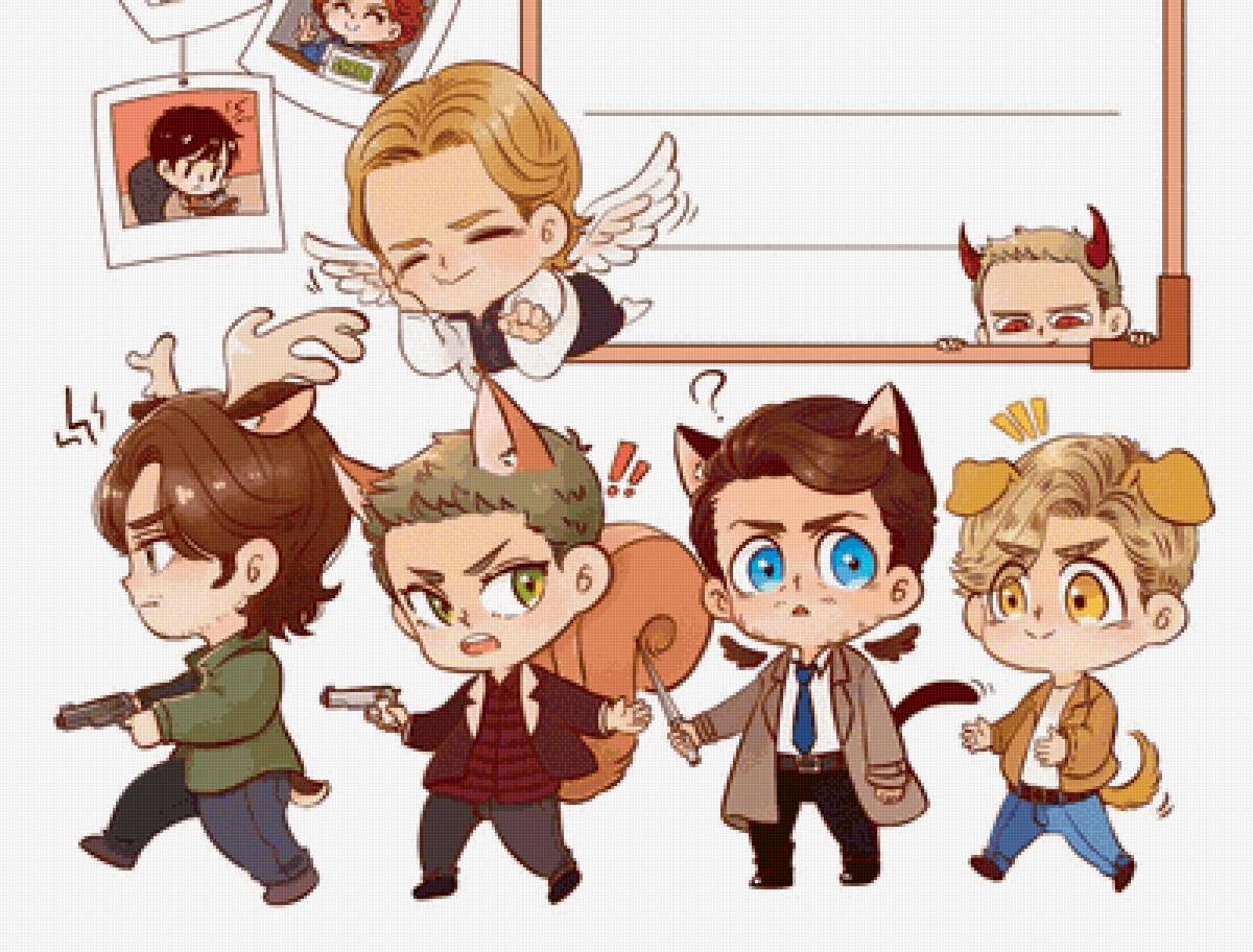 Лапушки-чибики - вышивка, дестиэль, чиби, схема, сверхъестественное, арт - предпросмотр