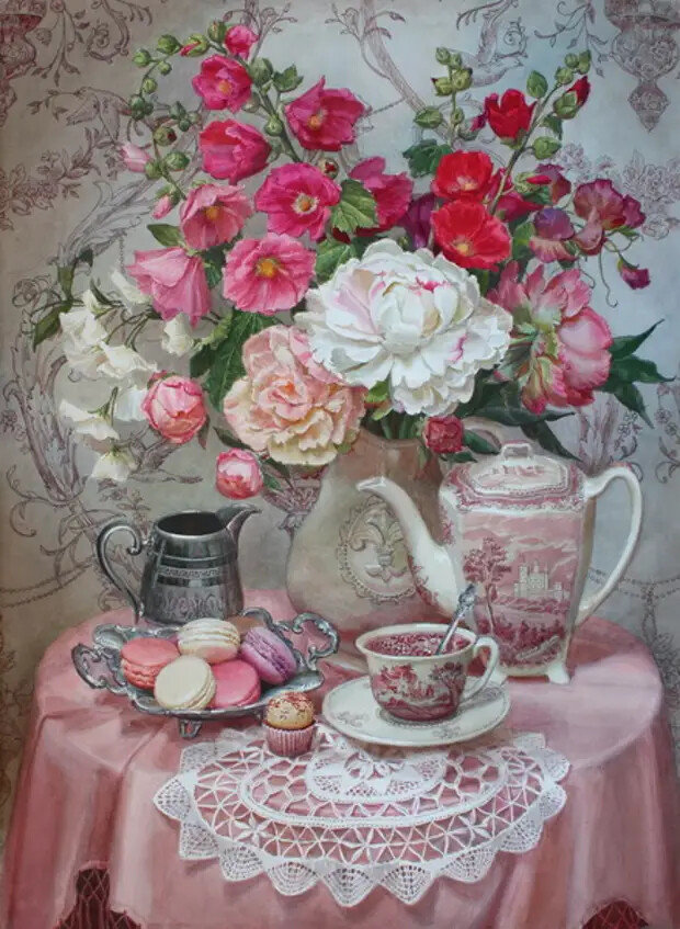 Утренний кофе - кофе, фарфор, мальвы, натюрморт, маскарпоне - оригинал