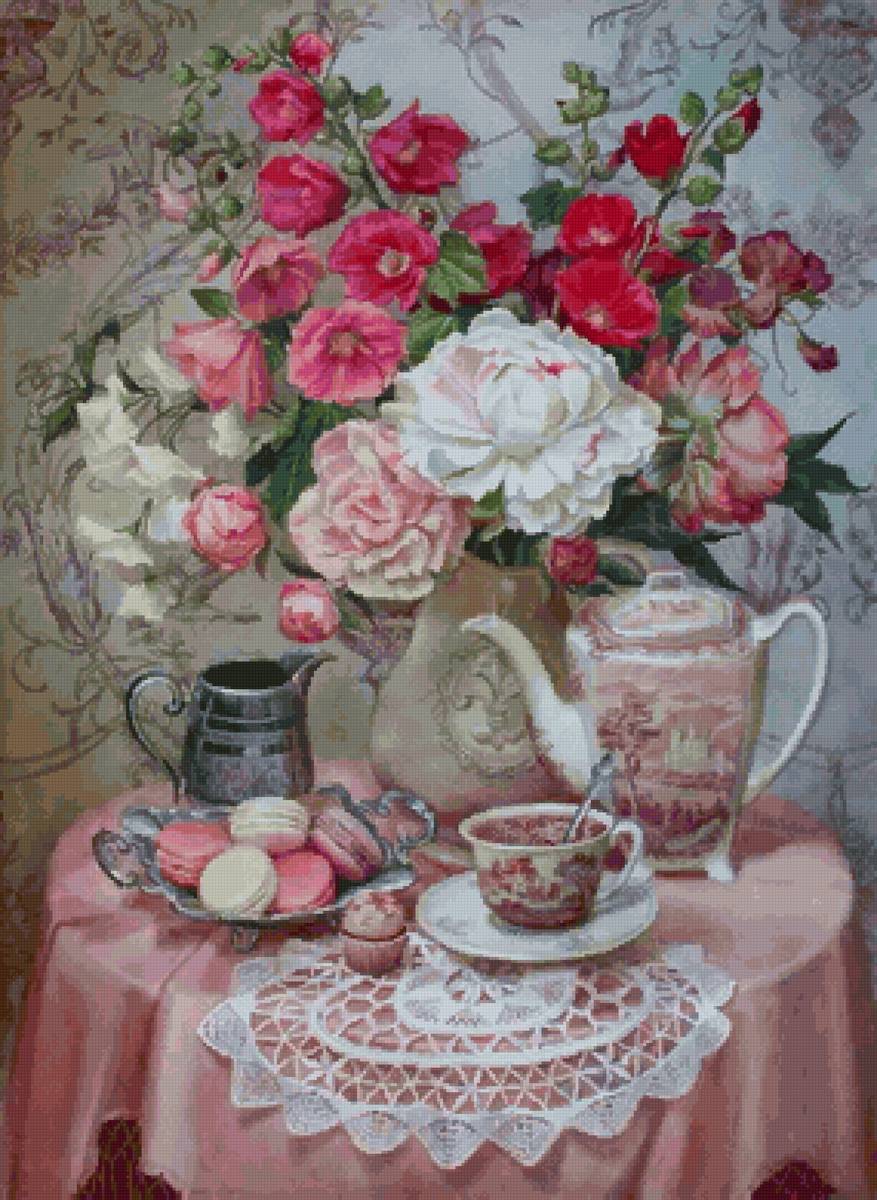 Утренний кофе - кофе, фарфор, мальвы, натюрморт, маскарпоне - предпросмотр