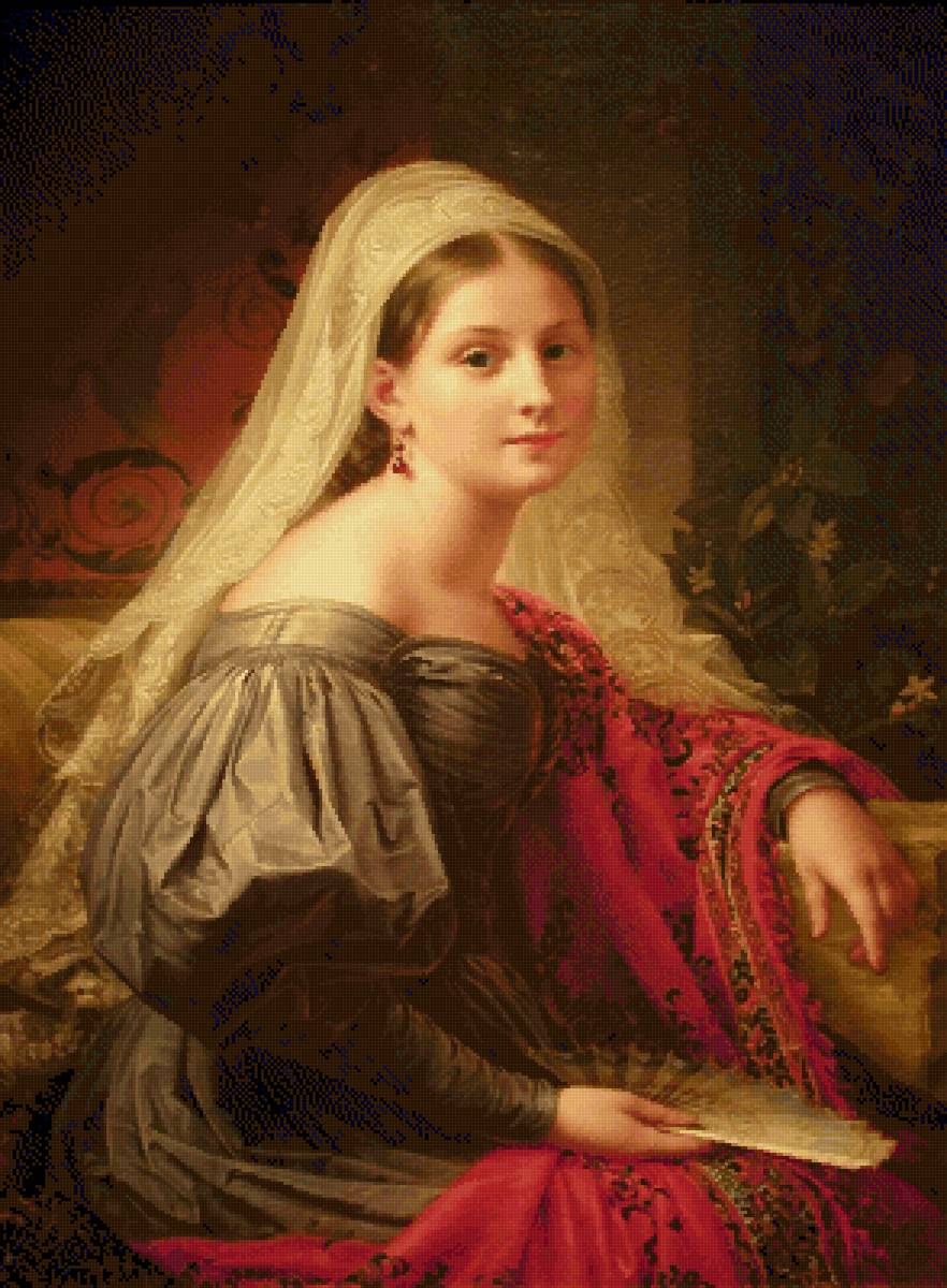 девушка с веером - портрет, веер, девушка - предпросмотр