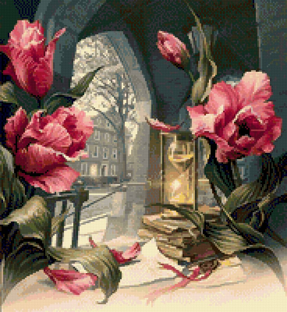 Тюльпаны у окна1 - окно, тюльпаны, песочные часы - предпросмотр