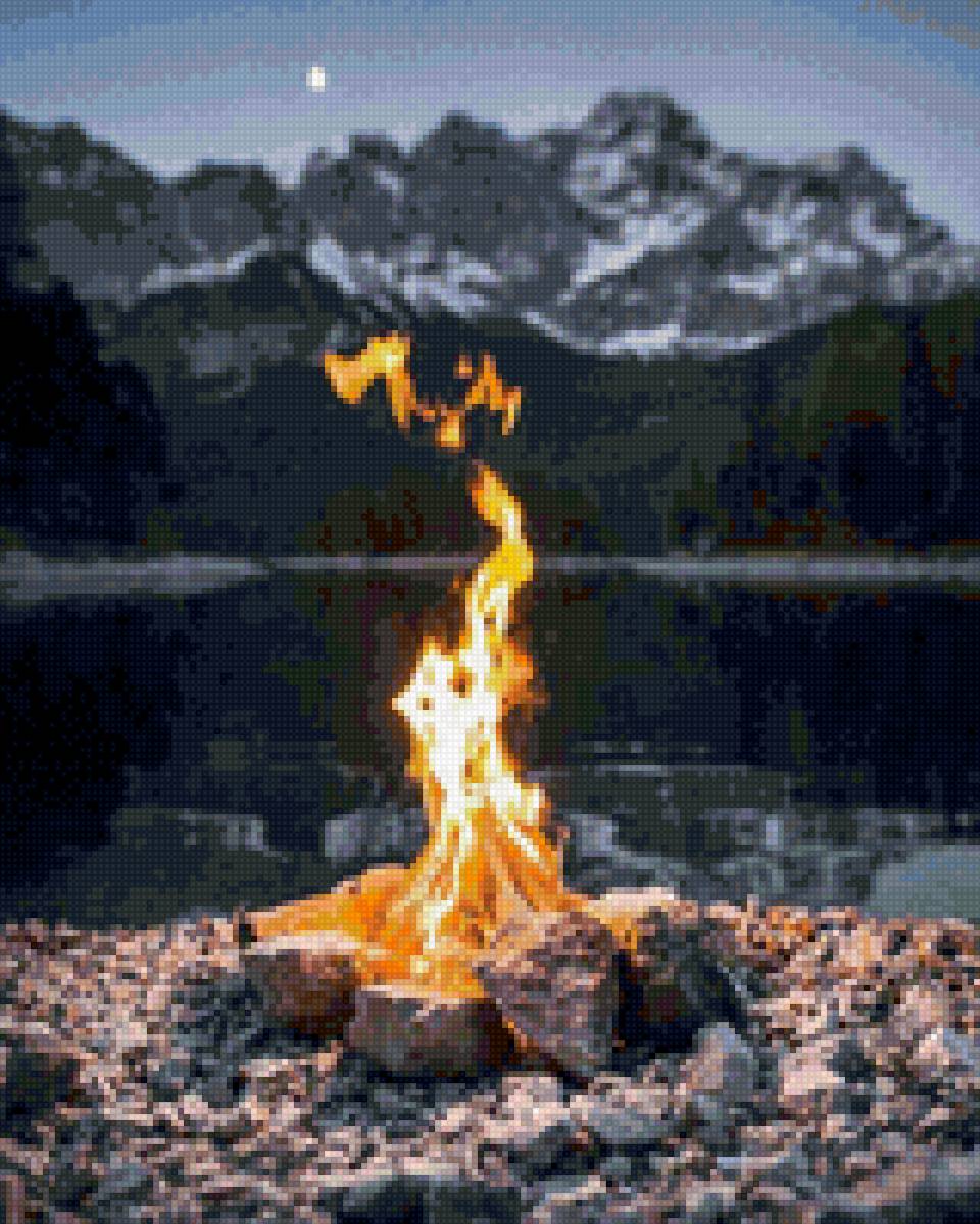 КОСТЕР В ГОРАХ - горы, костер, вечер, огонь - предпросмотр