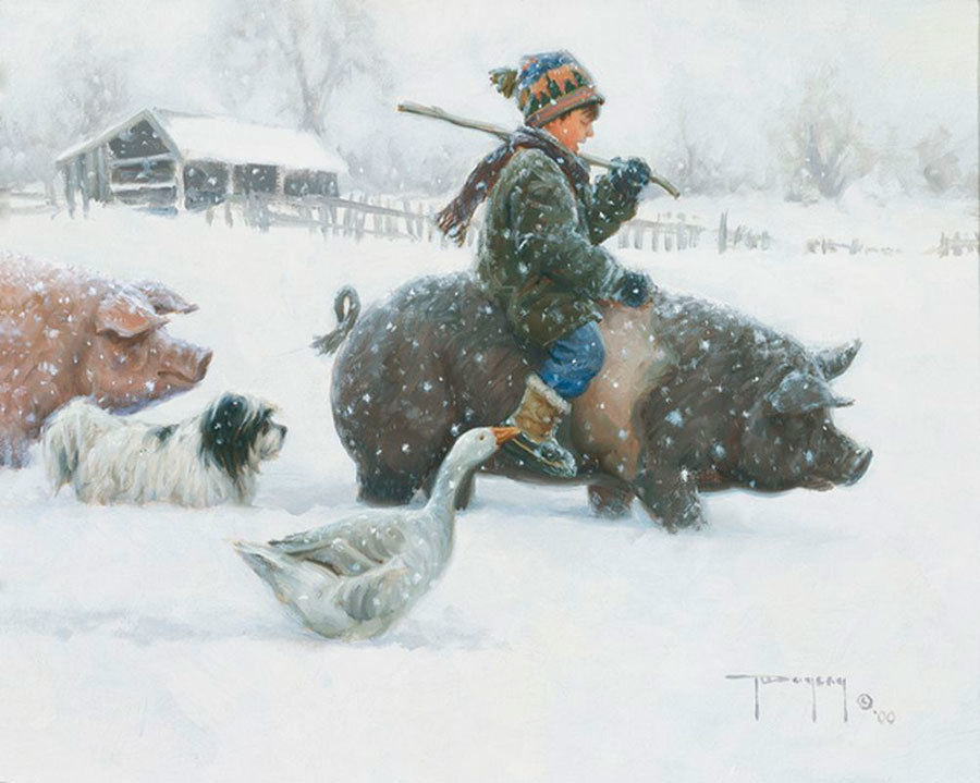 роберт дункан пастораль №9 - ребенок, свинопас. зима, мальчик, свинья - оригинал