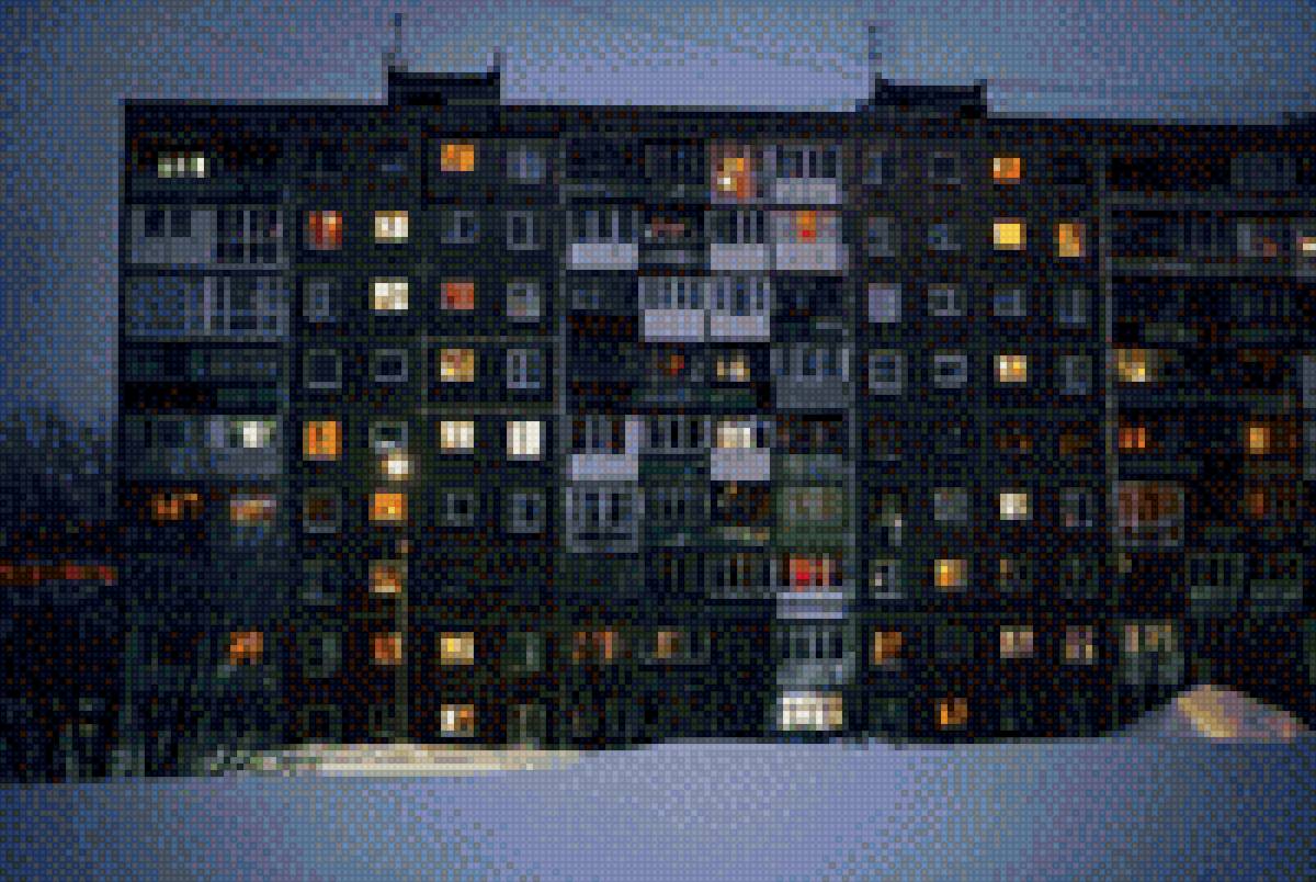 Дом - хрущевка, зима, ночь, дом - предпросмотр