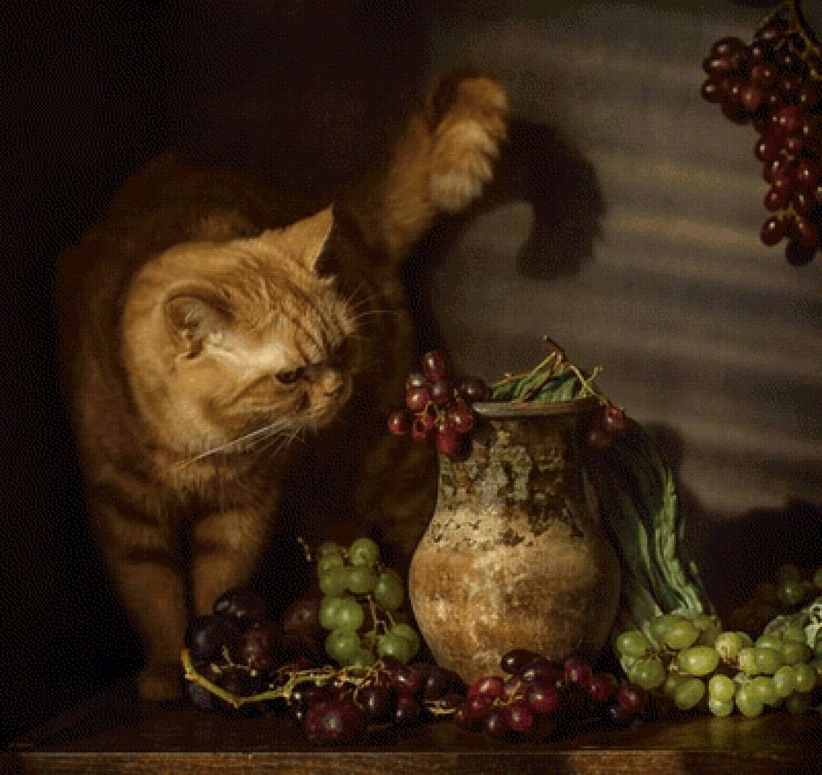 кот и виноград - натюрморт - предпросмотр