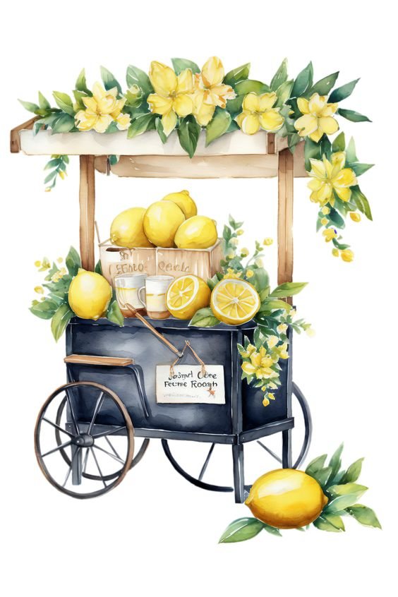 Тележка с лимонами - акварель, рисунок, лимоны - оригинал
