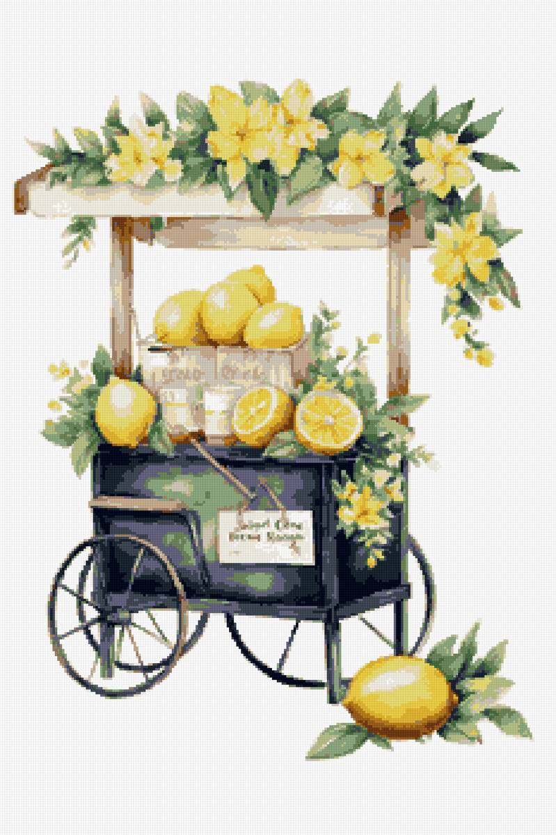 Тележка с лимонами - лимоны, рисунок, акварель - предпросмотр