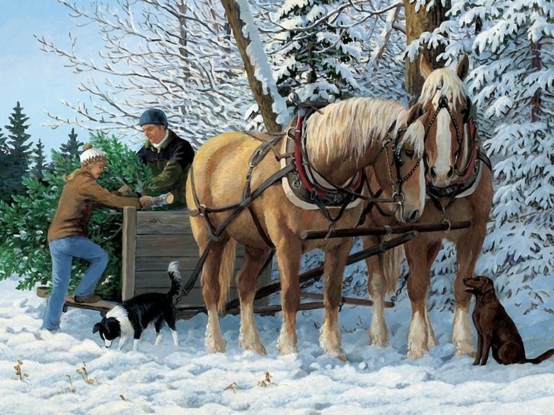 №2691054 - лошади, повозка, собаки, зима - оригинал