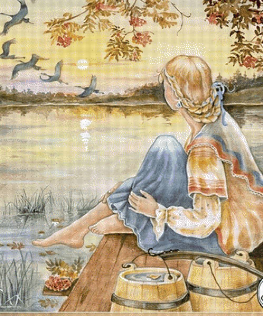 На берегу - птицы, река, девушка, пейзаж - предпросмотр