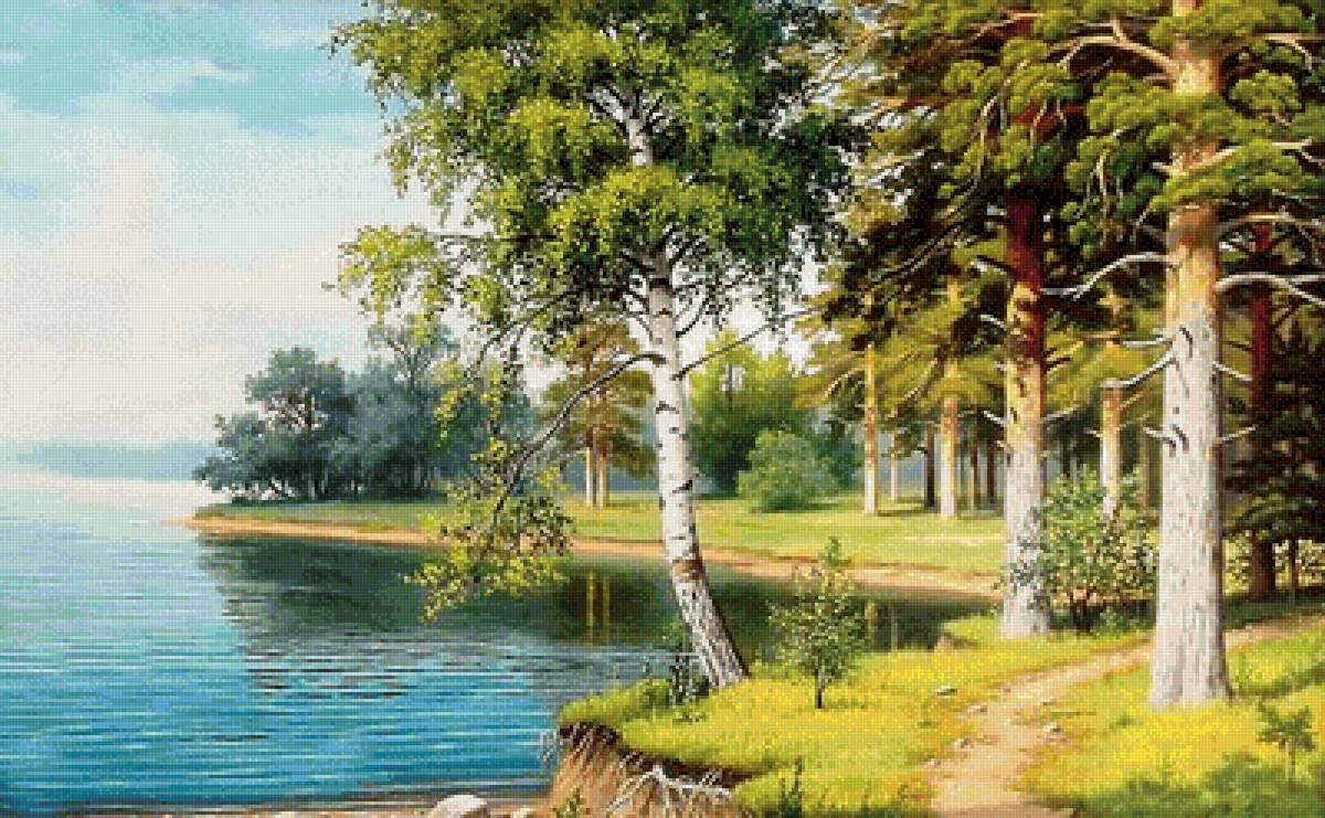 На речном берегу - лето, река, берег, пейзаж, деревья - предпросмотр