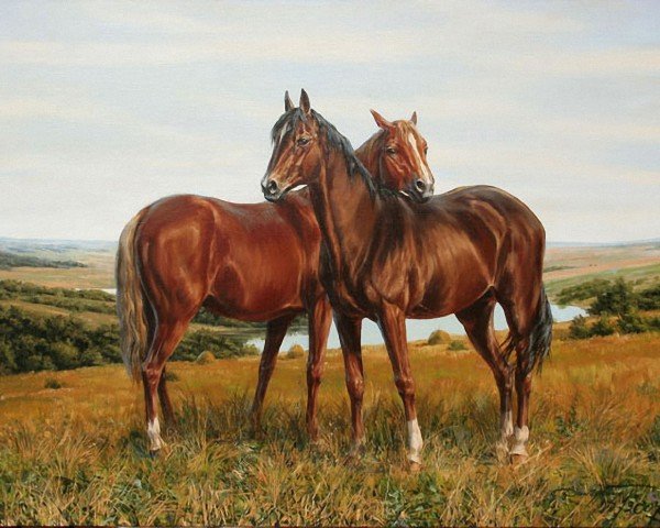 На лугу Худ.Данчурова Т.И. - домашние животные, живопись, лошади, пейзаж - оригинал