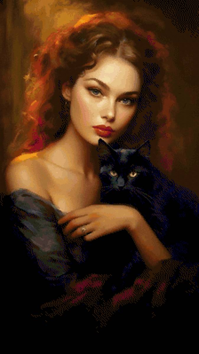 Девушка с кошкой - кошка, черный кот, глаза, вечер, девушка - предпросмотр