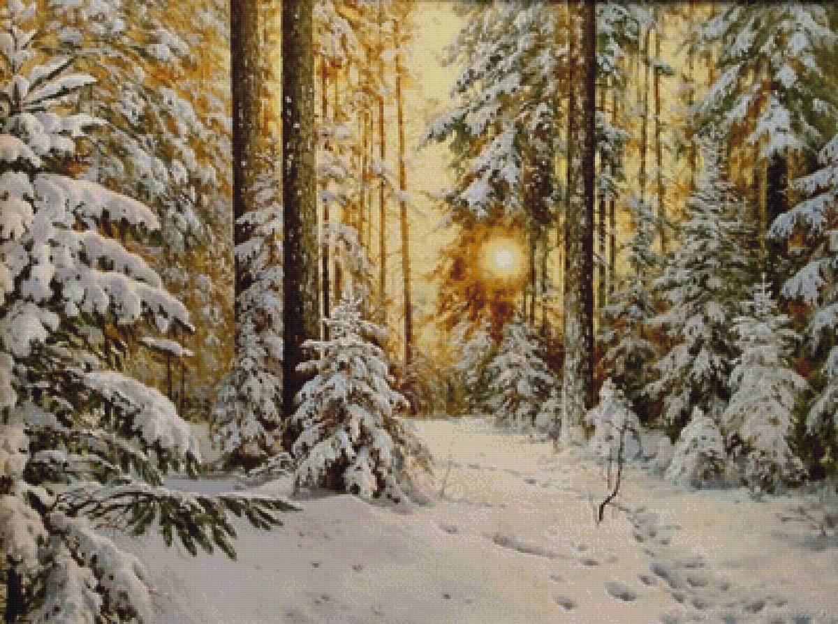 Зимний лес - лес, снег, пейзаж, живопись, зима - предпросмотр