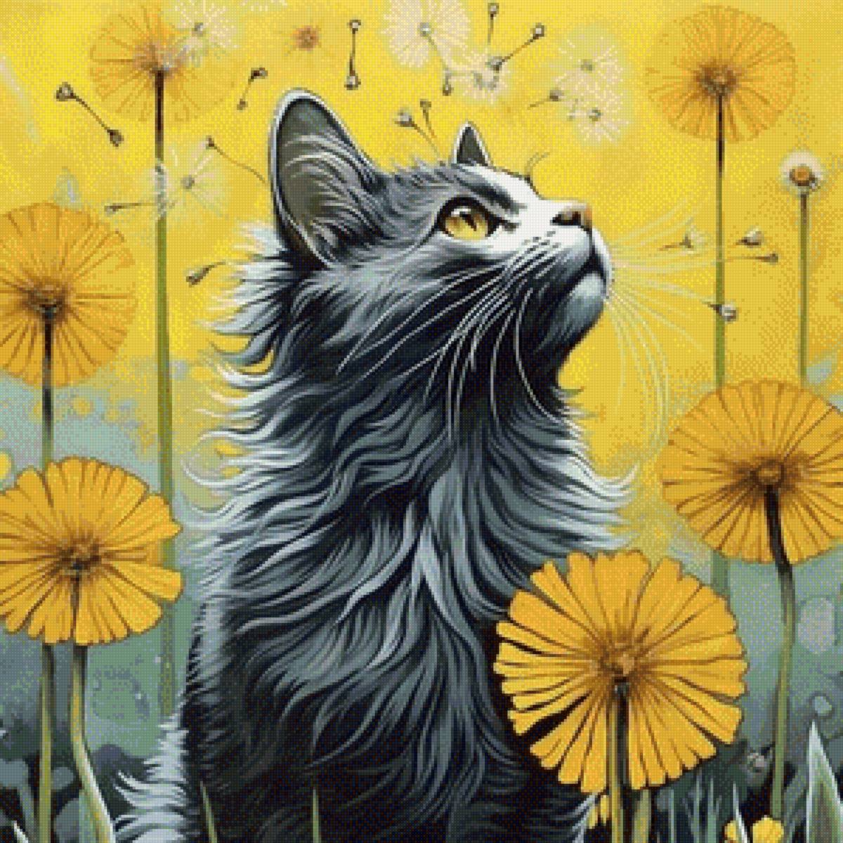 Кот в одуванчиках - цветы, кот, домашние животные - предпросмотр