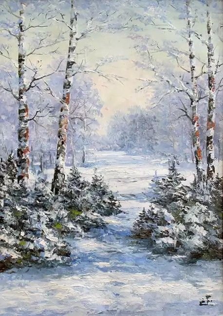 Снежная зима - пейзаж, снег, зима, деревья, живопись - оригинал