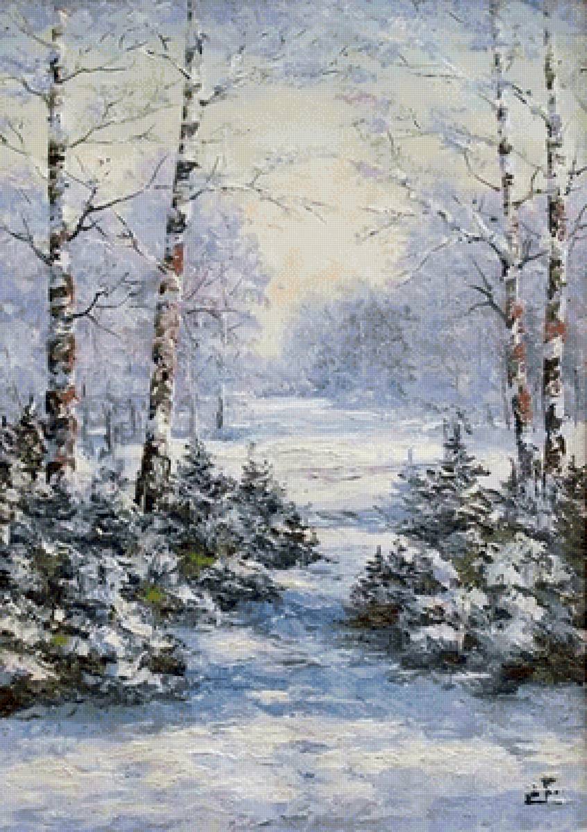 Снежная зима - живопись, пейзаж, деревья, снег, зима - предпросмотр