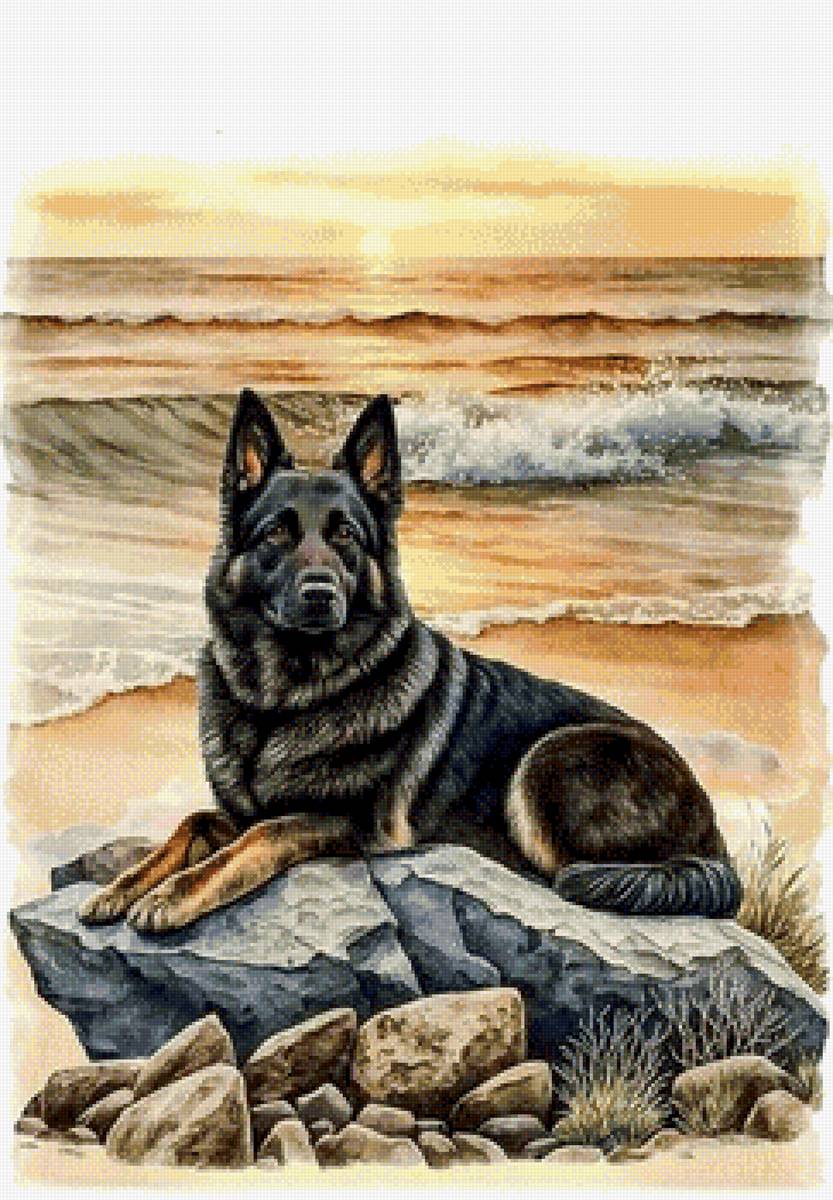 На берегу - домашние животные, живопись, собака - предпросмотр