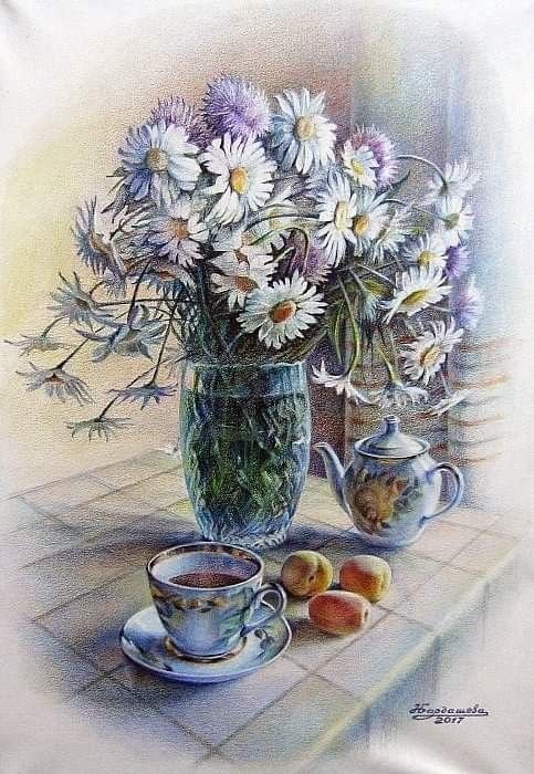 Летний натюрморт - натюрморт, фрукты, букет, цветы, живопись - оригинал