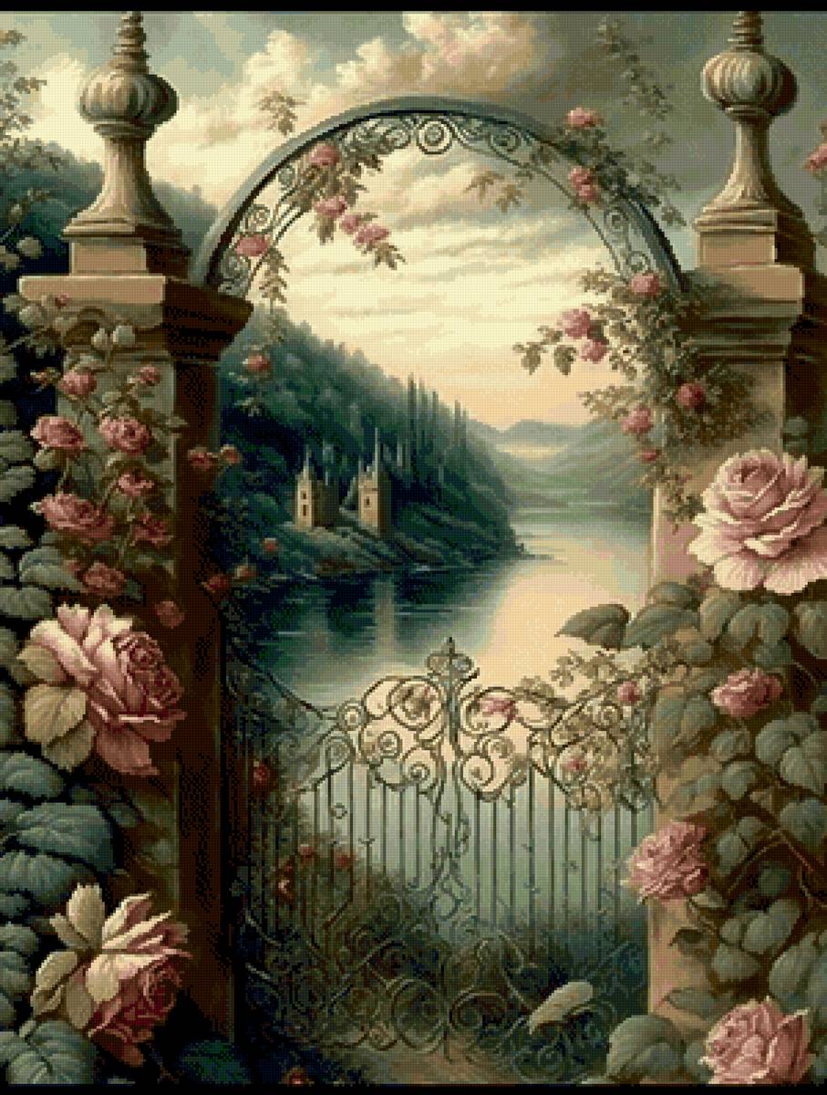 Сад - пейзаж, замок, сад, парк, калитка - предпросмотр