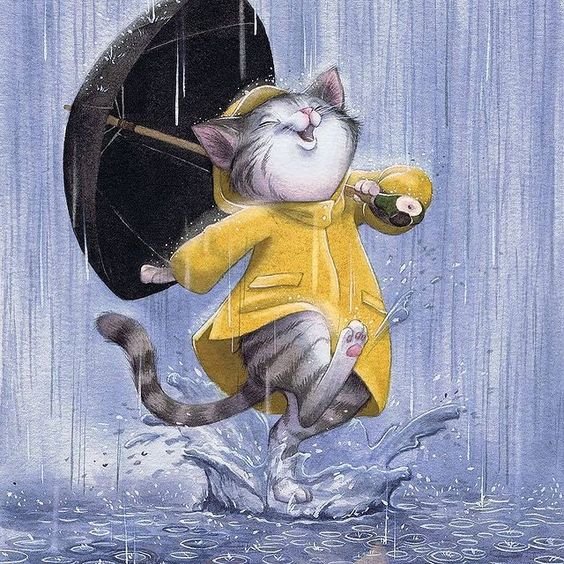 Котик - зонтик, дождь, кот, детское, рисунок - оригинал