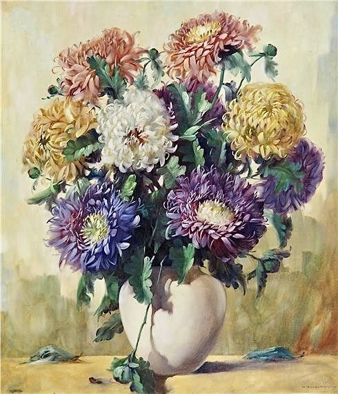 Букет хризантем - хризантемы, букет, цветы, живопись - оригинал