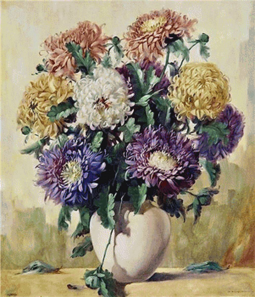 Букет хризантем - букет, хризантемы, живопись, цветы - предпросмотр