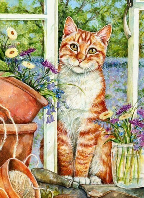 Кошки и окошки - домашние животные, живопись, кот - оригинал
