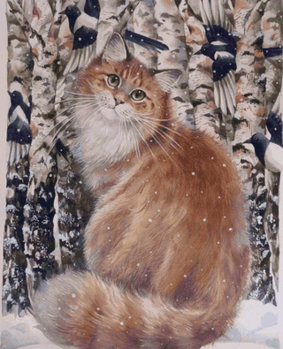 Кот и зимний лес - природа, картина, кошки, животные - предпросмотр
