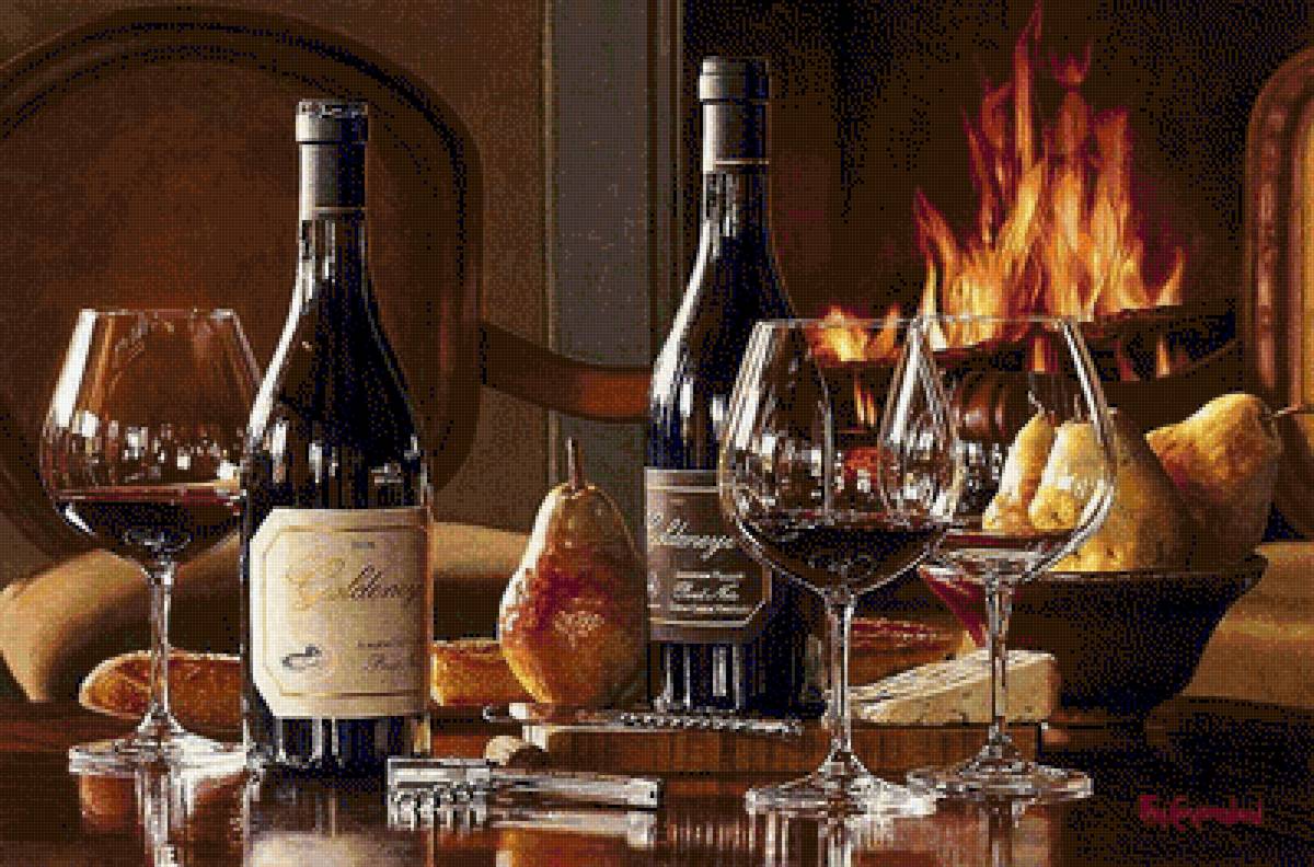 У камина - натюрморт, вечер, камин, вино, сыр - предпросмотр